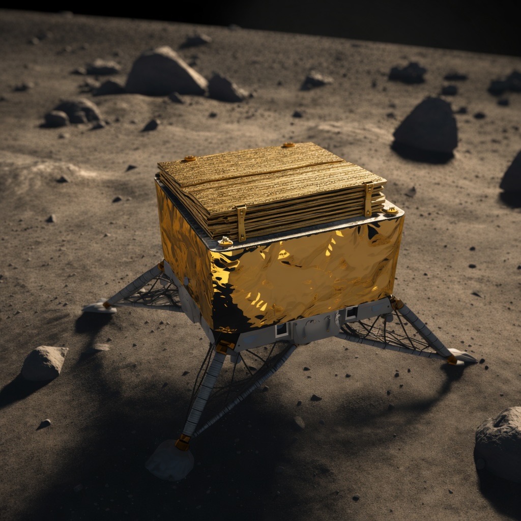 The Unity Lander rests on the surface of asteroid Apophis, carrying the Eternal Marker.