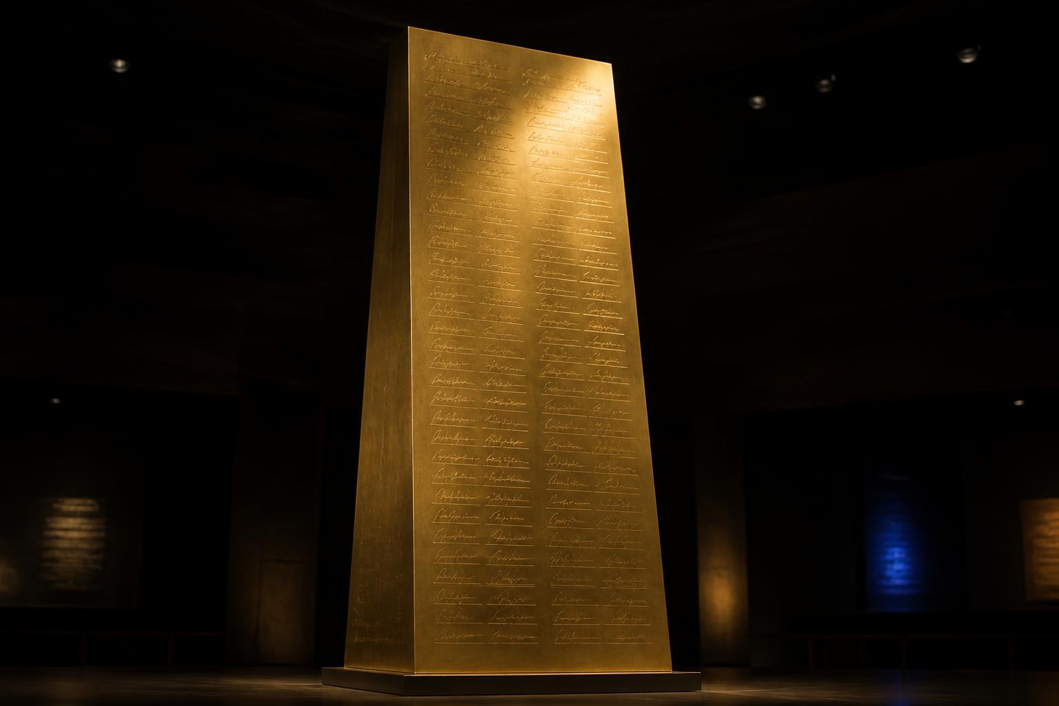 The Eternal Marker — a tall etched gold monument in a darkened museum hall