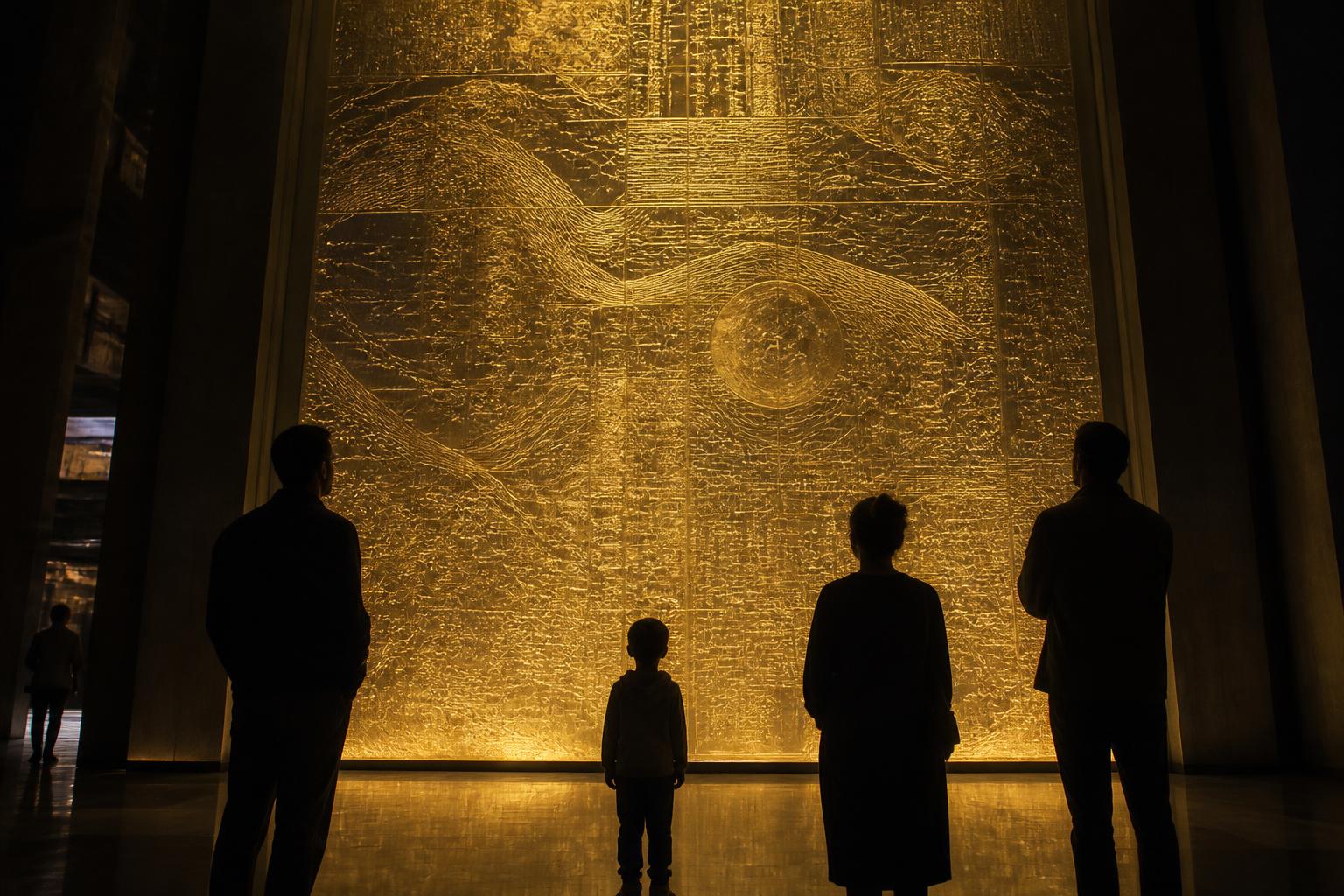 Visitors standing before an illuminated gold marker wall in a vast museum hall